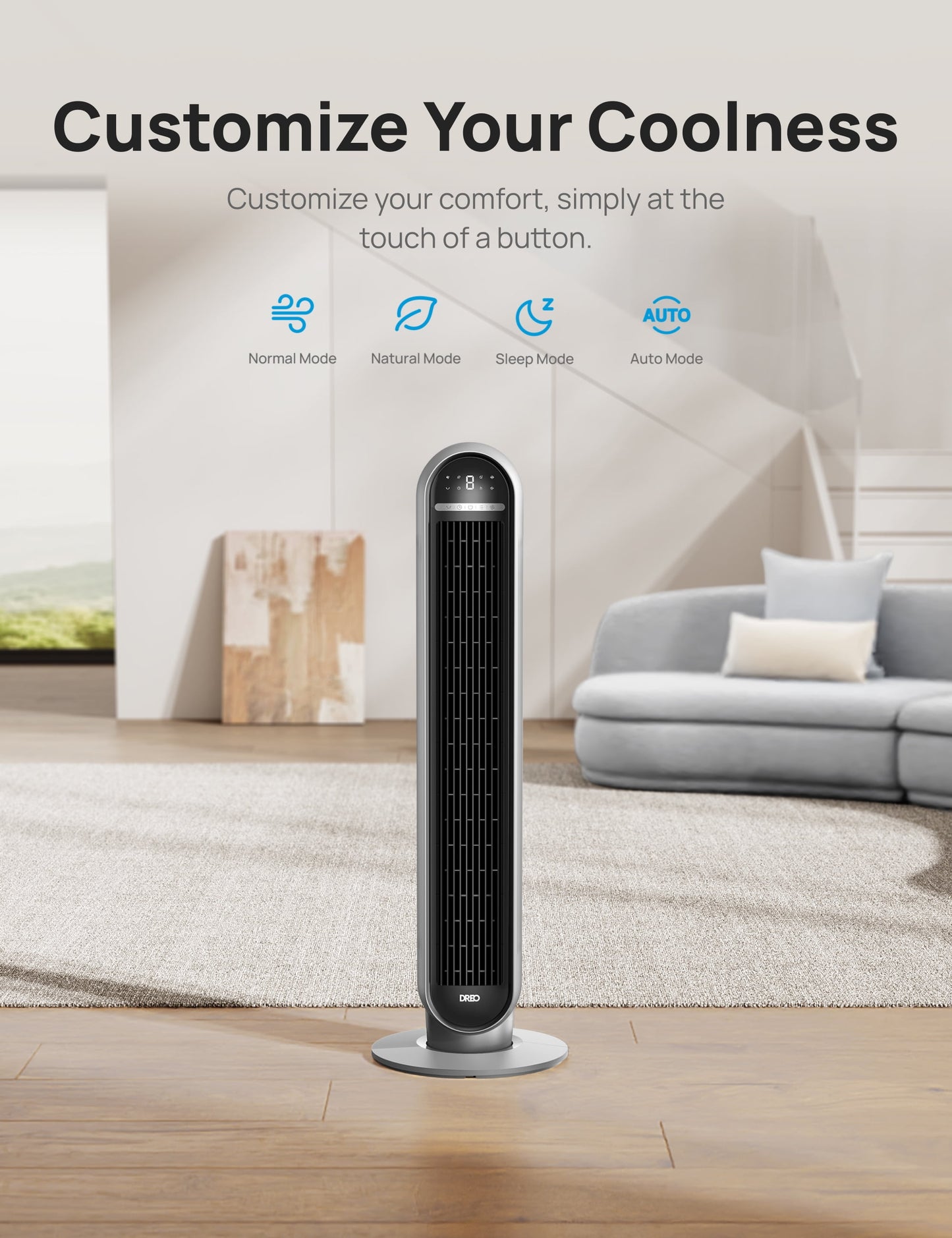 Tower Fan, 36" Floor Fans for Home, 24Ft/S Velocity Quiet, 90° Oscillating Fans with Remote, 4 Modes, 4 Speeds, 8H Timer, LED Display Standing Fan, Black Silver